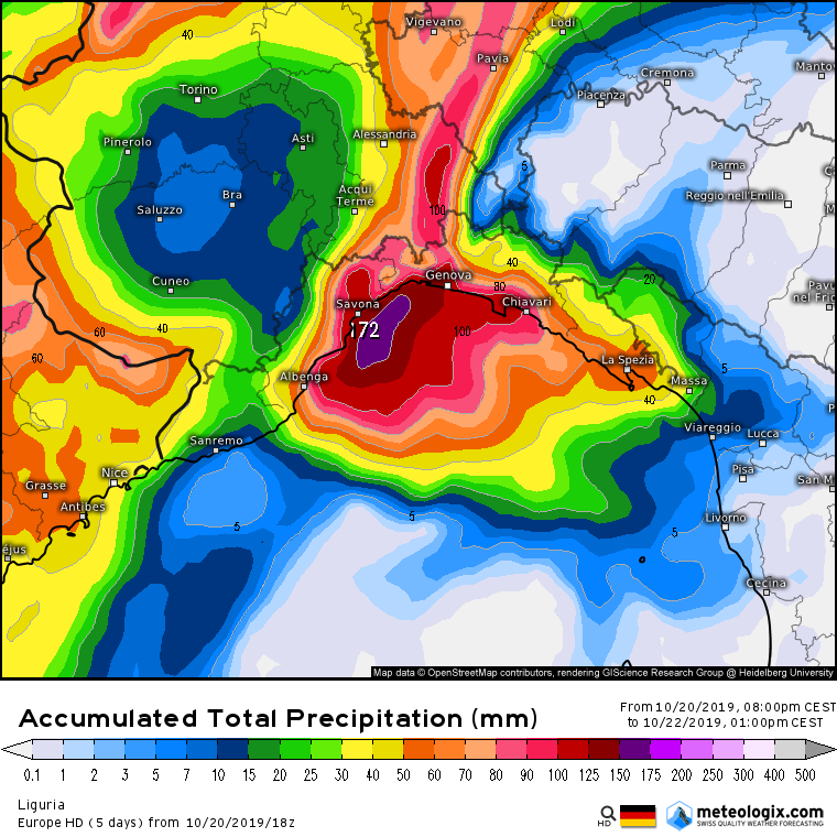 Precipitazioni Liguria dalle 20:00 del 20 Ottobre alle 13:00 del 22 Ottobre