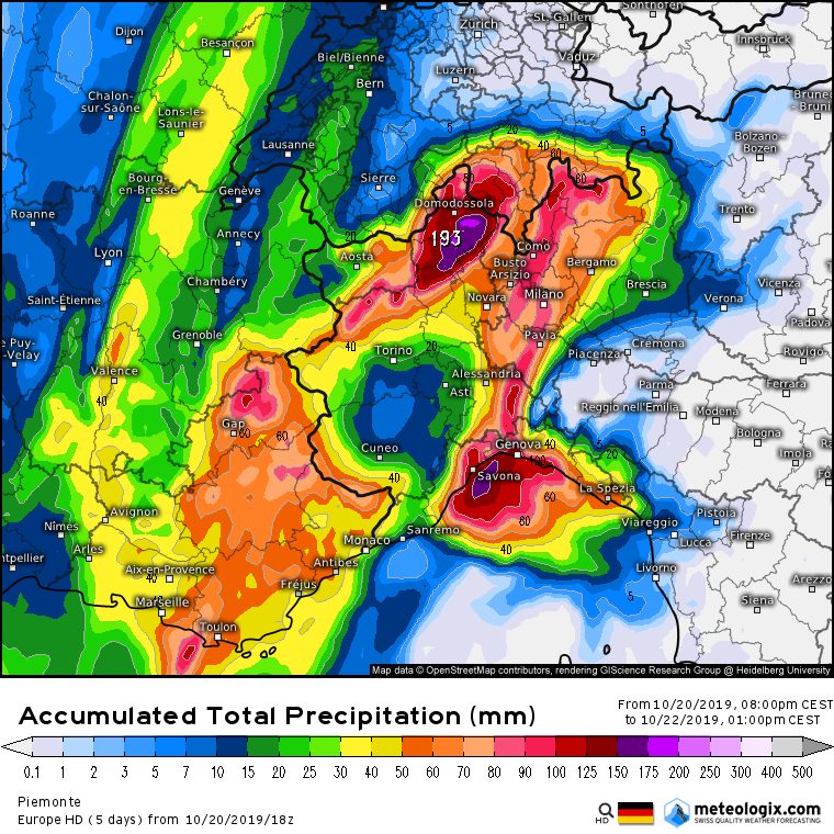 Mappa precipitazioni tra la sera del 20 Ottobre fino alla tarda mattinata del 22 Ottobre