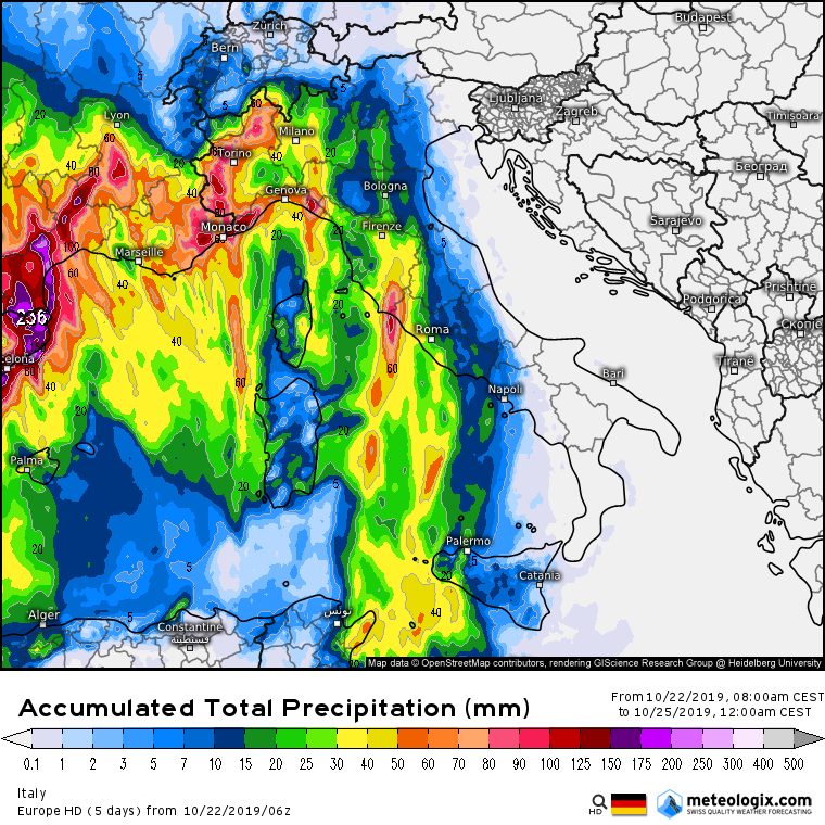 Stima accumulo piogge fino alle 12:00 del 25 Ottobre