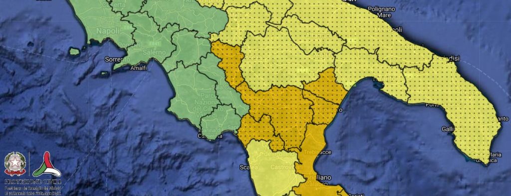 Allerta meteo Arancione per rischio temporali e rischio idrogeologico sulla Basilicata per Lunedì 11 Novembre 2019. Fonte Protezione Civile