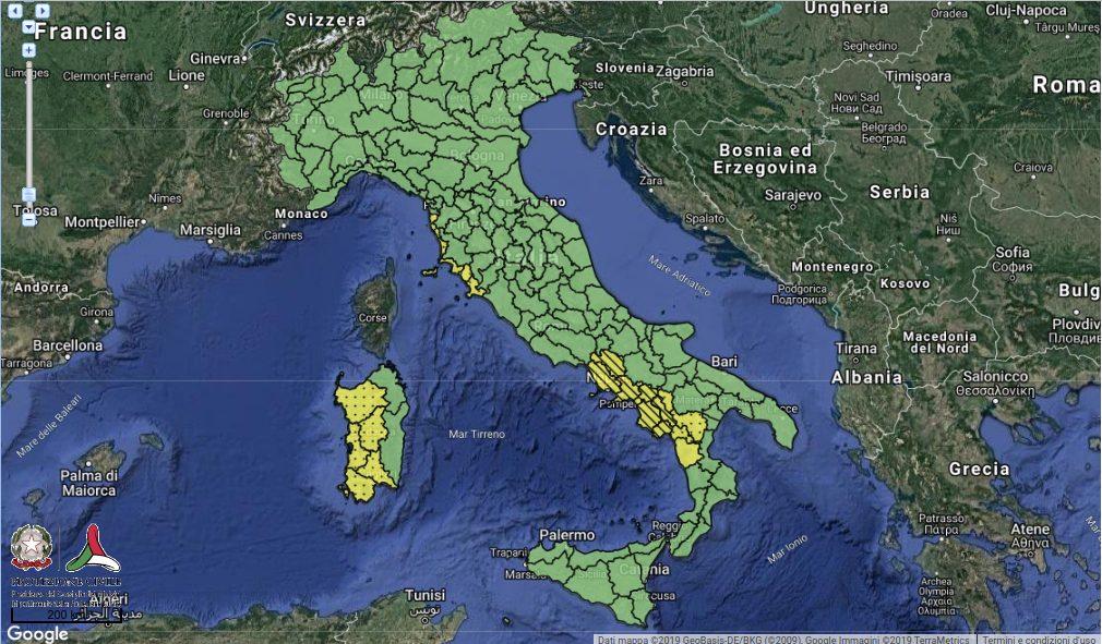 Allerte Meteo Protezione CIvile per Domenica 10 Novembre