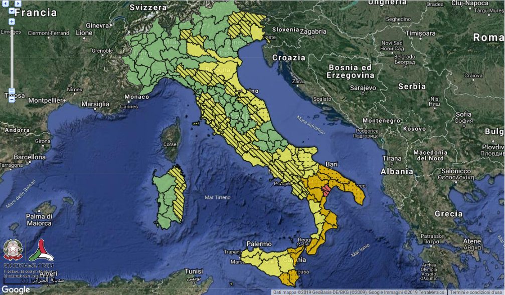 Allerte Meteo Protezione Civile per Martedì 12 Novembre 2019