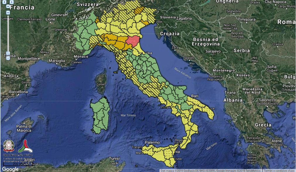 Allerte Protezione Civile dalle ore 16:00 alle 24:00 di Martedì 19 Novembre 2019