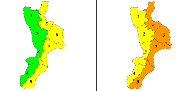 Allerte Meteo Calabria per Mercoledì 4 Dicembre (sx) e Giovedì 5 Dicembre 2019 (dx)