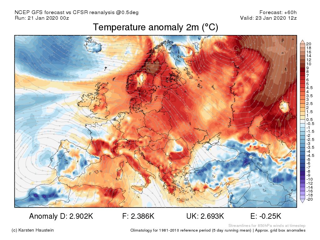 Anomalie di Temperatura per il 23 Gennaio 2020