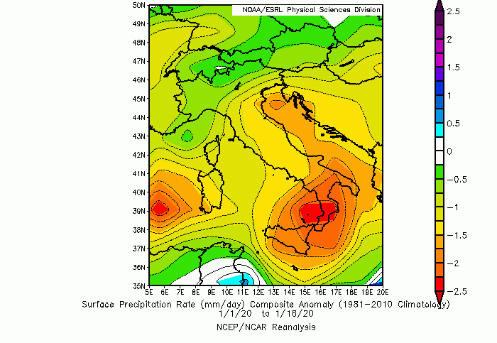 Anomalie di precipitazione dal 1 Gennaio al 18 Gennaio 2020