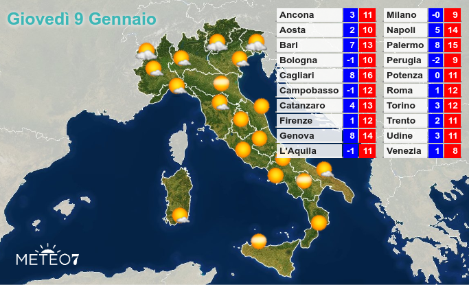 Previsioni Italia Giovedì 9 Gennaio 2020