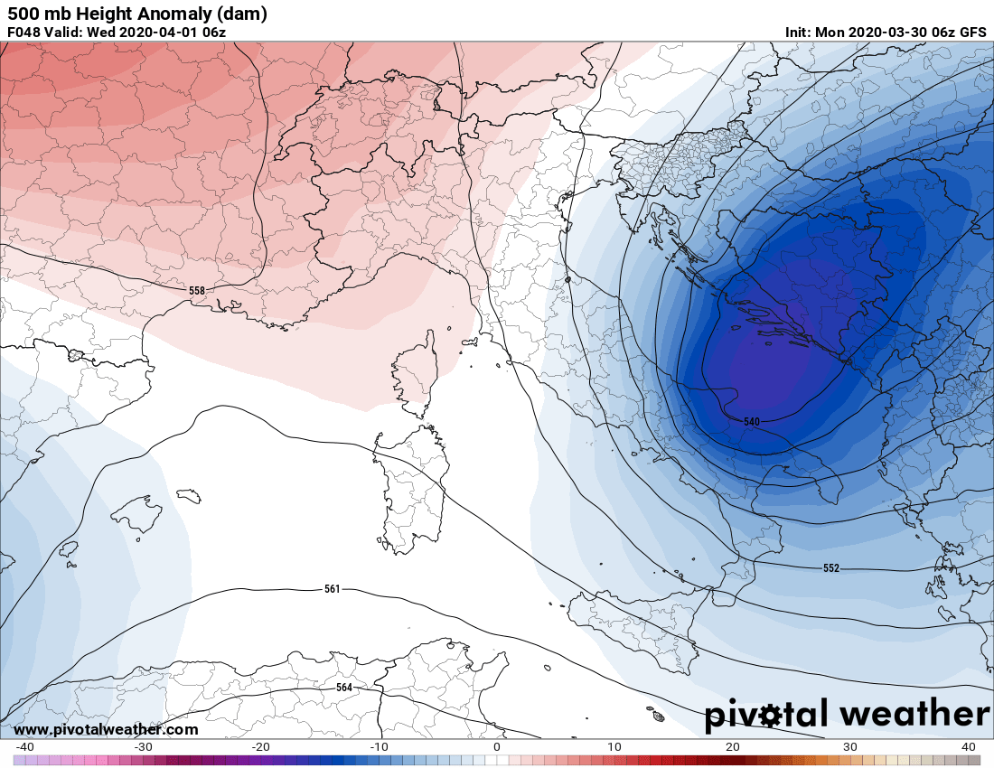 Anomalie di geopotenziale a 500 hpa 1 Aprile 2020