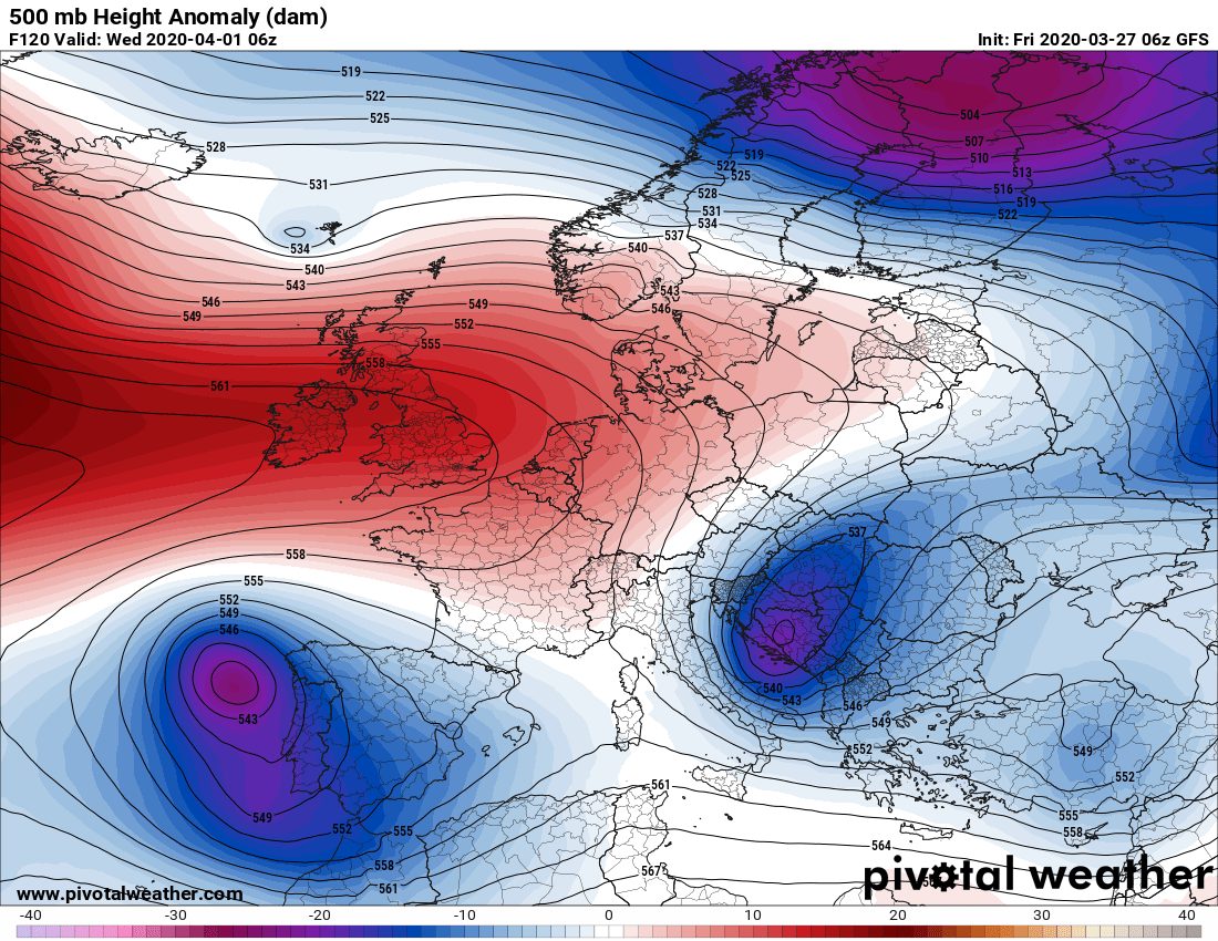 Anomalie 500 hpa Europa 1 Aprile 2020